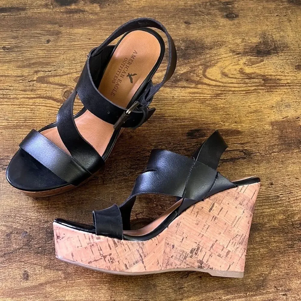 American Eagle Black Thick Strappy Cork Open Toe Platforms